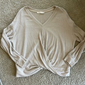 Lush Neutral Ribbed Twist-Front V-Neck shirt